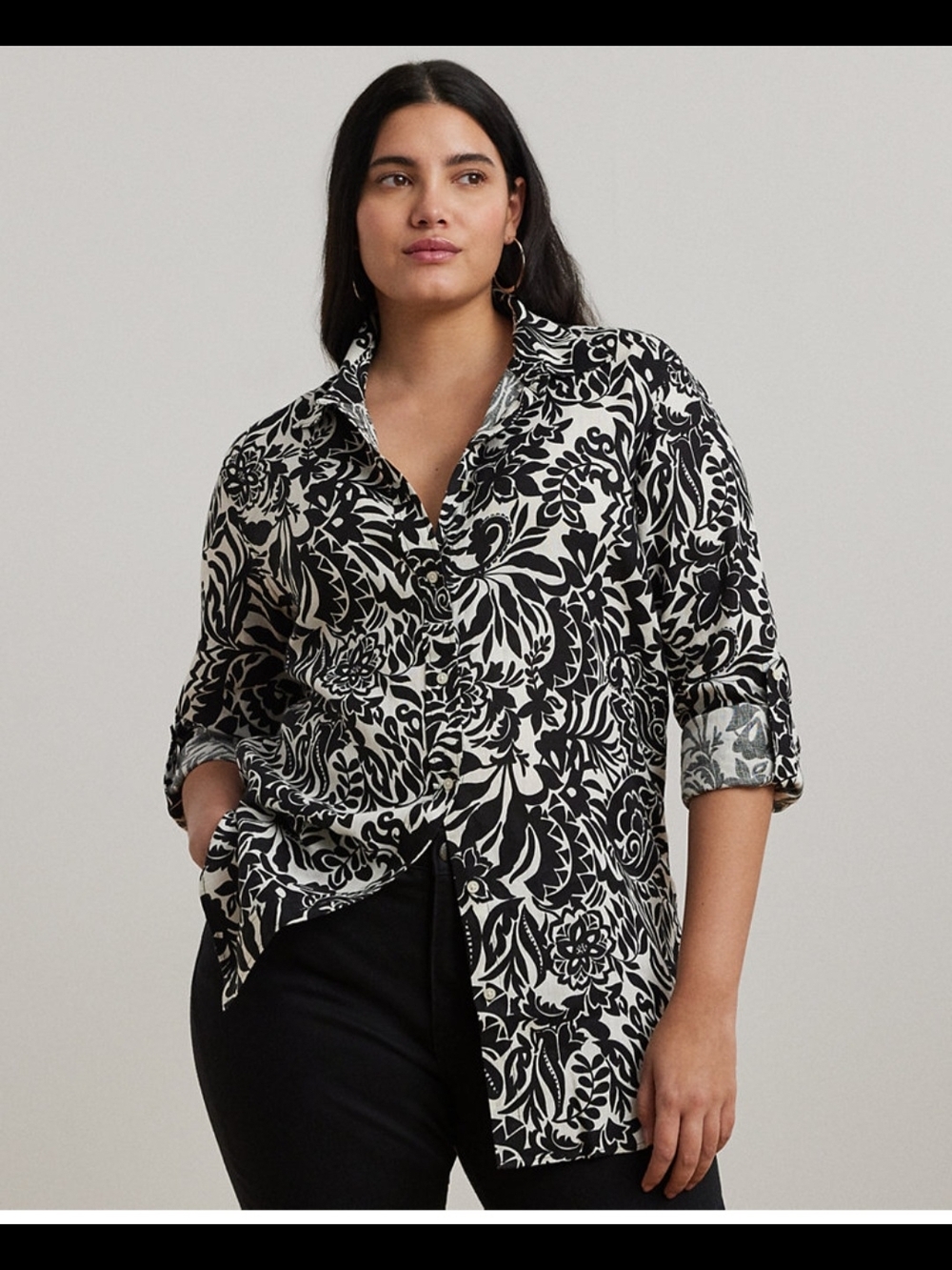 NWT Lauren Ralph Lauren Linen Blouse Floral Print Roll-Tab Sleeve Size 3X